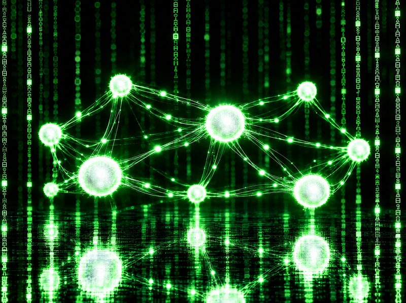 Glowing agent nodes connected by green light