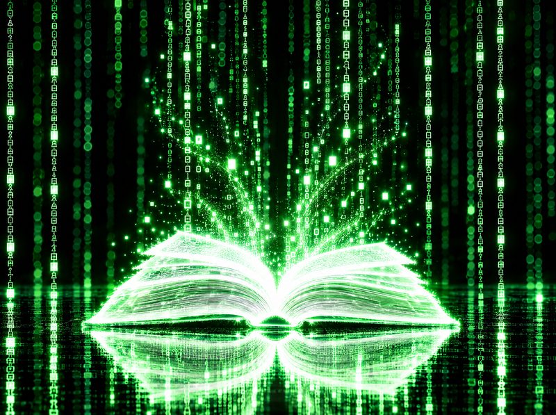 An open book of light with code rising from it