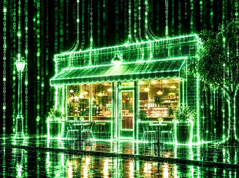 A small cafe drawn in green holographic light