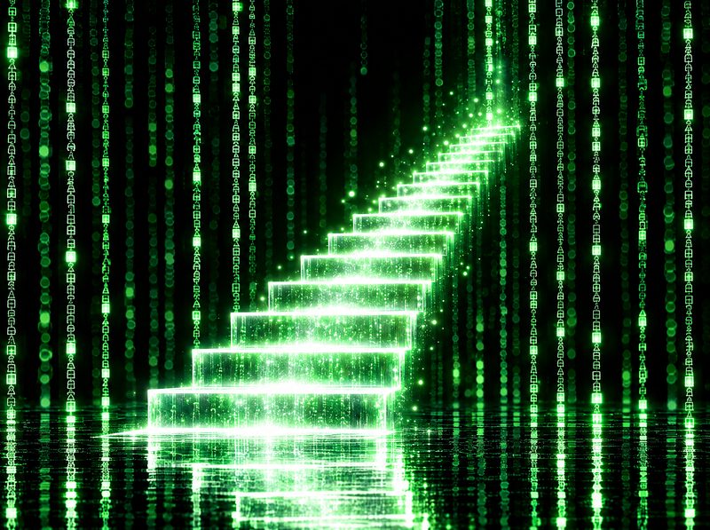 A glowing staircase of light rising through green code rain